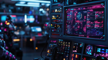A captivating view of a futuristic control room featuring neon displays, advanced interfaces, and high-tech equipment ideal for science fiction scenes and tech innovation.の素材