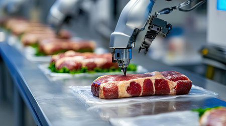 Advanced robotic arm enhances meat processing efficiency in a sterile environment, showcasing modern technology utilized in food production and packaging.の素材