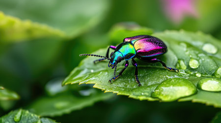 A colorful iridescent beetle rests on a leaf adorned with water droplets, showcasing its vibrant hues in a natural setting. Perfect for nature and insect photography.の素材