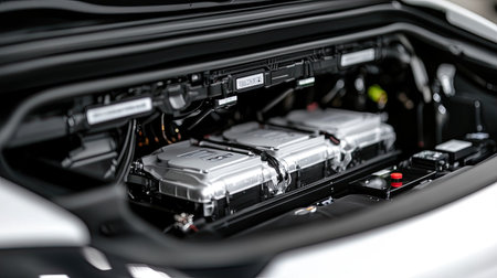 Detailed view of a battery pack inside an electric vehicle's engine compartment, showcasing modern technology, engineering excellence, and clean energy solutions.の素材