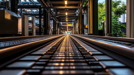 A captivating view of rail tracks within an industrial warehouse, highlighting the interplay of light and shadow, with modern architecture and a sense of depth.の素材