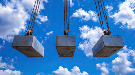 Three heavy concrete blocks hang suspended from chains, set against a bright blue sky filled with clouds. This image captures the essence of construction and industrial work.の素材