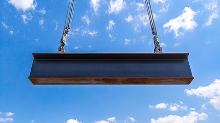 A large steel beam is suspended from a crane against a striking blue sky, symbolizing construction and engineering progress in modern architecture.の素材