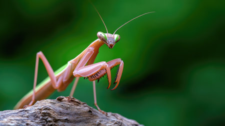 A vibrant praying mantis poses on a wooden surface, showcasing its intricate features and colors. This close-up captures the beauty of nature and insect life.の素材