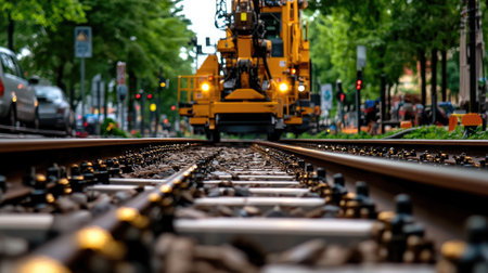 A low-angle view of a rail maintenance vehicle on tracks in an urban setting, highlighting construction activity and surrounding greenery.の素材
