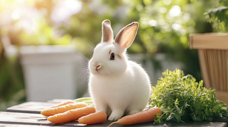 This adorable white rabbit enjoys a sunny day surrounded by fresh carrots and green herbs. Perfect for themes of nature, pets, and healthy living.の素材