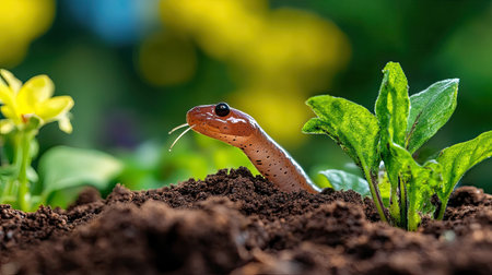 This striking close-up captures a salamander emerging from rich soil amidst vibrant greenery, showcasing the wonders of nature and wildlife in a garden environment.の素材