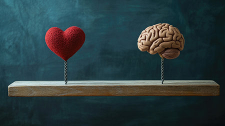 A striking visual metaphor depicting balance between heart and brain, showcasing the conflict between emotion and intellect on a wooden plank against a dark background.の素材