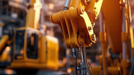 This close-up image showcases a robotic arm from industrial equipment, highlighting its intricate design and robust construction in a modern construction site setting.の素材