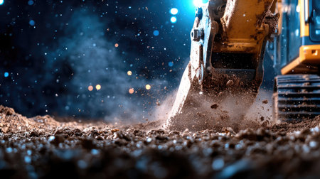 A heavy machinery excavator digs into the soil at night, creating a cloud of sparkling dust and debris in the illuminated construction site atmosphere.の素材