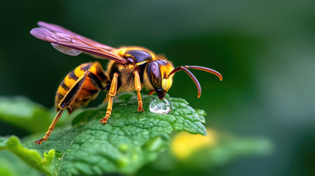 A stunning close-up view of a bee perched on a leaf, collecting a water droplet. The vivid colors and intricate details highlight the beauty of nature's pollinators.の素材