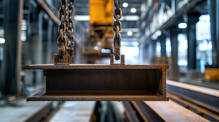 A close-up view of a heavy metal beam suspended by a chain in an industrial warehouse setting, emphasizing the strength and function of the lifting equipment.の素材