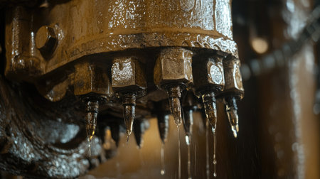 Close-up view of an industrial mechanism showing oil dripping from precision components. The image captures the essence of machinery in action and highlights the importance of lubrication in manufacturing processes.の素材