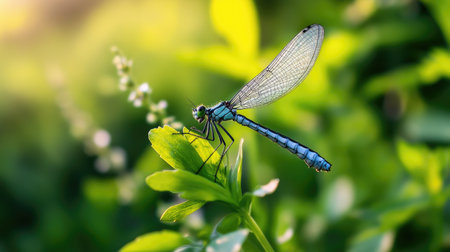 A beautiful close-up of a blue dragonfly resting on vibrant green leaves. This macro shot captures the intricate details of the insect's wings and body, surrounded by a serene natural environment.の素材