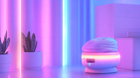 A modern relaxation device featuring a cozy design and soft glow enhances any indoor space. This image captures a soothing atmosphere with stylish plants.の素材