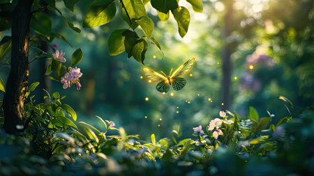 A mesmerizing butterfly flits through a vibrant, sunlit forest, surrounded by blooming flowers and lush greenery, capturing the essence of nature magic.の素材