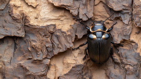 A detailed close-up of a black beetle resting on rough bark, displaying vibrant textures and patterns. This image highlights the intricate beauty of nature.の素材