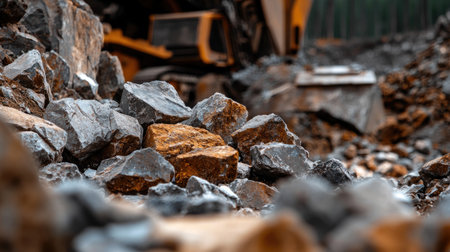 Detailed view of rough rocks in a quarry setting, showcasing machinery in the background, highlighting the excavation process in a natural environment.の素材
