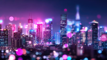 A stunning night view of a vibrant city skyline adorned with colorful bokeh lights. This captivating scene captures the energy and mood of urban nightlife.の素材