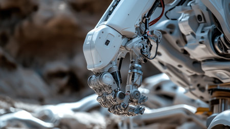 Close-up view of a sophisticated robotic arm showcasing advanced technology in an industrial setting. The design features intricate details and precision mechanisms.の素材