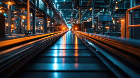 A captivating view of an industrial warehouse showing a conveyor belt under bright lights. The photograph captures a sense of motion and efficiency in a modern factory setting.の素材