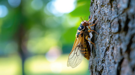 A detailed close-up photo of a cicada climbing a tree, showcasing its intricate wings and features against a blurred green background, highlighting nature's beauty.の素材