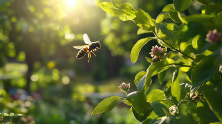 A beautiful close-up of a bee in flight, surrounded by vibrant green leaves and blooming flowers, capturing the essence of nature's pollination process in sunlight.の素材