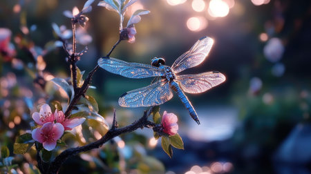 A stunning dragonfly perched on a blossoming branch captures the serene beauty of nature during sunset. The vibrant colors and delicate details create a tranquil scene.の素材