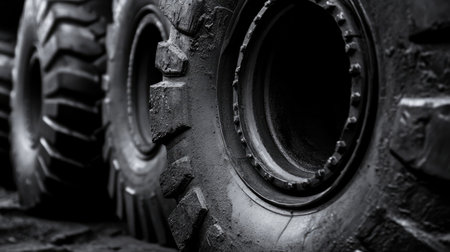 This image showcases a close-up of heavy-duty tires, emphasizing their rugged texture and design. The photo captures the industrial essence of transportation and machinery.の素材