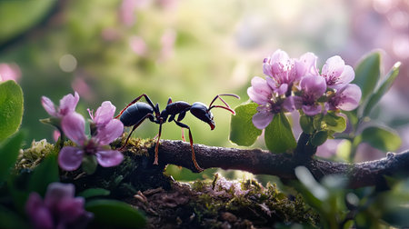 An enchanting close-up of an ant on a moss-covered branch, surrounded by delicate pink flowers. A perfect representation of nature's intricate beauty and life.の素材