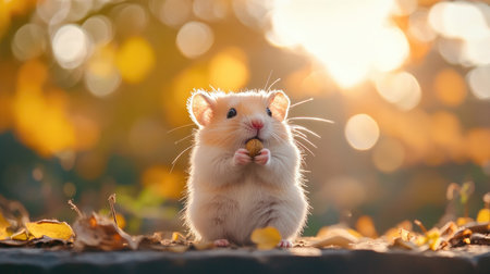 A charming and cute hamster sits holding a nut in the warm sunlight. The autumn backdrop features colorful leaves, creating a peaceful and joyful scene perfect for animal lovers.の素材