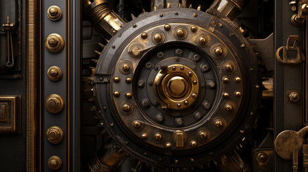 This image showcases the intricate detail of an antique safe lock mechanism featuring a brass finish. The ornate design highlights craftsmanship and vintage security technology.の素材