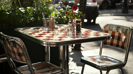 A charming outdoor table setup features a red checkerboard pattern and a vase of fresh flowers, creating a cozy ambiance for casual dining and relaxation.の素材