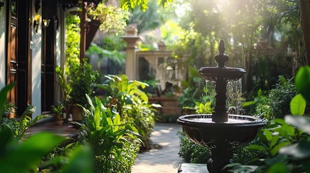A tranquil garden scene featuring a beautiful fountain amidst vibrant foliage. Sunlight filters through the leaves, creating a peaceful atmosphere ideal for relaxation.の素材