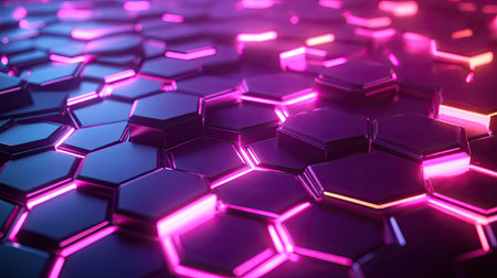 A captivating hexagonal pattern with a neon glow emanates dynamic colors, creating an engaging and modern visual ideal for technology and design themes.の素材