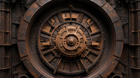 Close-up view of a steampunk-style vault door with intricate metal details and gears, showcasing a blend of artistry and industrial design, evoking mystery and history.の素材