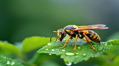 A vibrant wasp rests on a green leaf, glistening with water droplets. This macro shot captures the intricate details and lively colors of nature's beauty.の素材