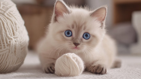 A charming fluffy kitten with striking blue eyes is playfully interacting with a soft yarn ball in a cozy indoor environment, exuding warmth and happiness.の素材