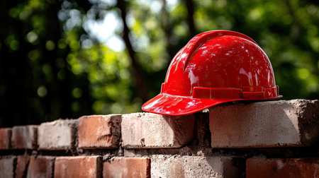 A vibrant red construction helmet rests on a brick wall, symbolizing safety in the building environment. The blurred greenery in the background enhances the outdoor setting.の素材