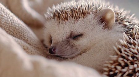 A cute hedgehog peacefully sleeps while curled up in a soft blanket. This serene moment captures the charm and coziness of small animals in their natural habitat.の素材