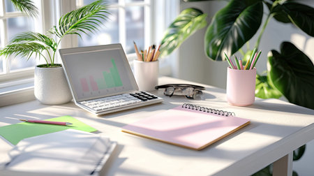 Bright and minimalist workspace featuring a laptop, office supplies, and indoor plants. Ideal for portraying productivity and creativity in modern design.の素材