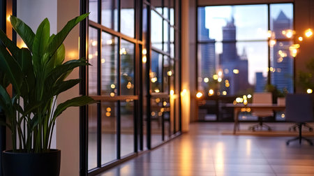 Bright and modern office interior featuring a lush plant. The urban city skyline is visible through large windows, creating a serene and inspiring workspace atmosphere.の素材