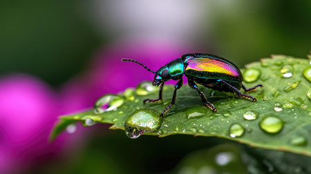 A striking beetle with iridescent colors sits on a leaf adorned with droplets. This close-up showcases the beauty of nature and insect life.の素材