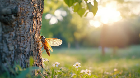 A close-up view of a cicada perched on textured tree bark, illuminated by warm sunlight filtering through green leaves. The serene outdoor setting captures the essence of summer.の素材