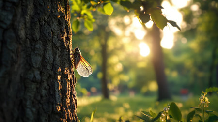 A cicada clings to the textured bark of a tree, bathed in the soft golden glow of the evening light, showcasing the tranquility of nature.の素材