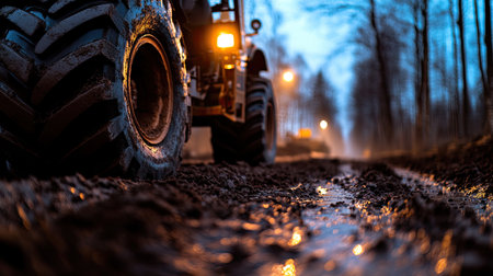 A close-up view of a tractor tire on a muddy road during the evening. The glowing street lights and mist add atmosphere to this rural scene.の素材
