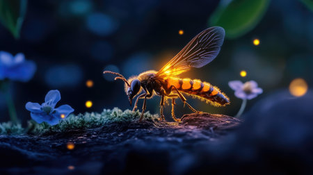 A stunning close-up of a glowing bee amidst a lush natural environment, highlighting intricate details in its wings and surroundings. Perfect for nature lovers.の素材