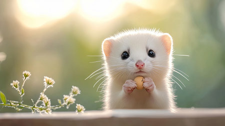 A charming ferret cradles a treat in its paws, basking in soft natural light. Its adorable expression and fluffy fur capture the essence of joy and playfulness in a serene outdoor setting.の素材