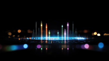 Vibrant digital sound wave form featuring glowing elements and lights. This abstract visualization showcases modern technology with colorful frequencies and patterns.の素材
