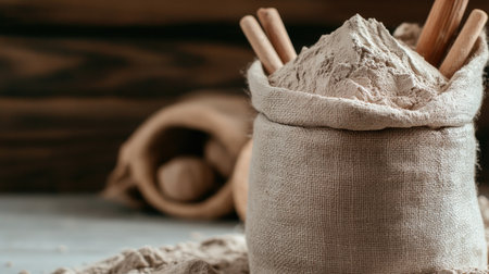 A rustic burlap sack filled with flour sits on a wooden table, accompanied by cinnamon sticks. Perfect for cooking and baking photography, highlighting natural ingredients.の素材